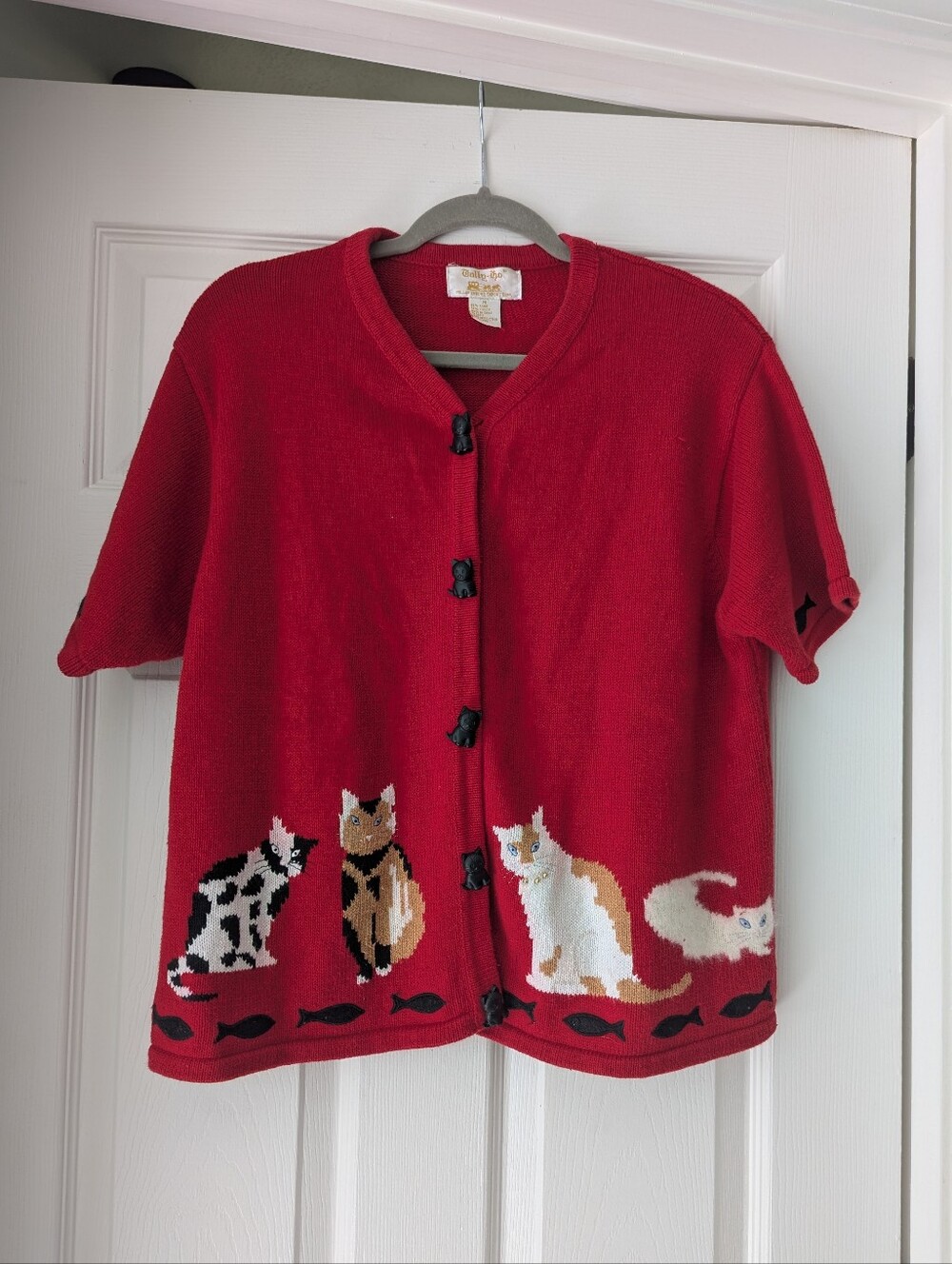 Vintage Tally Ho Red Short-Sleeve Cat Cardigan with Fish Trim